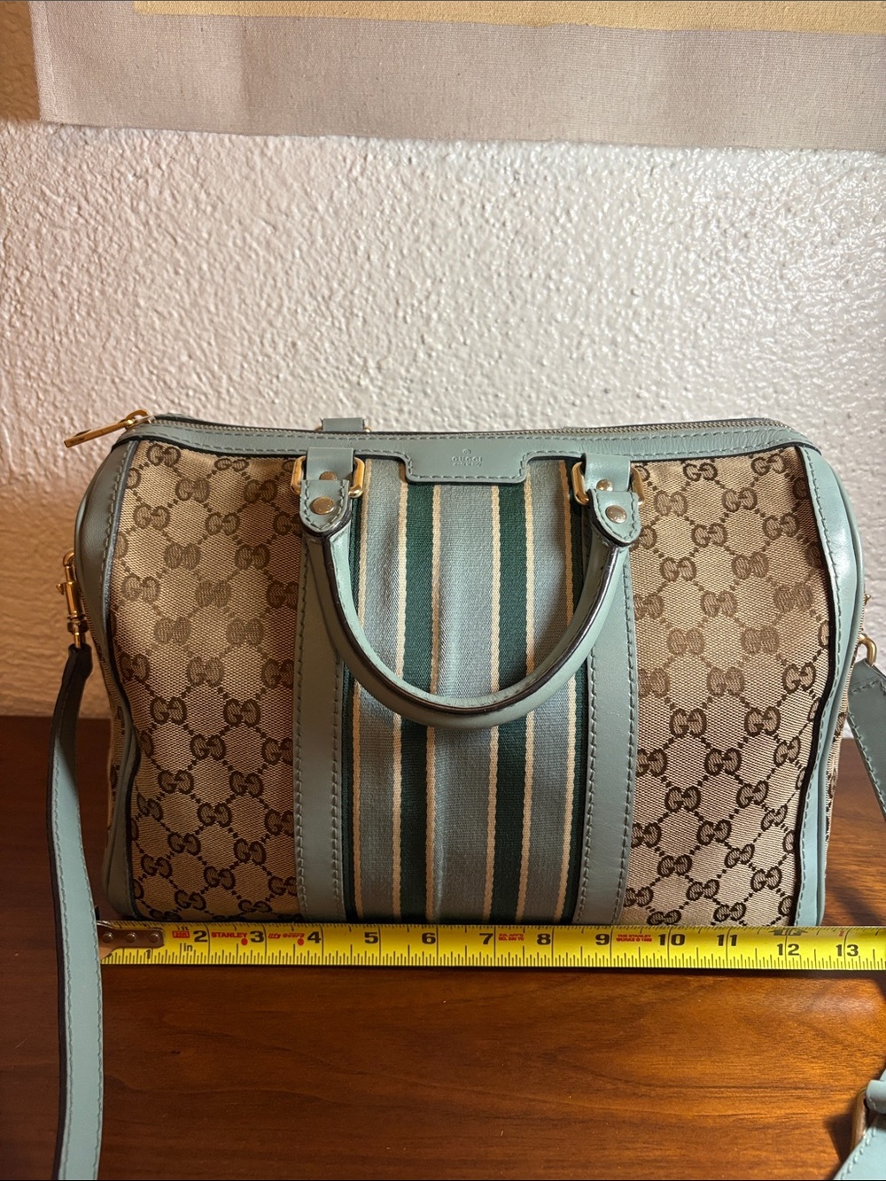 Gucci GG Canvas Boston Bag with Blue Green Stripes - Authentic Vintage COA - Picture 13 of 16